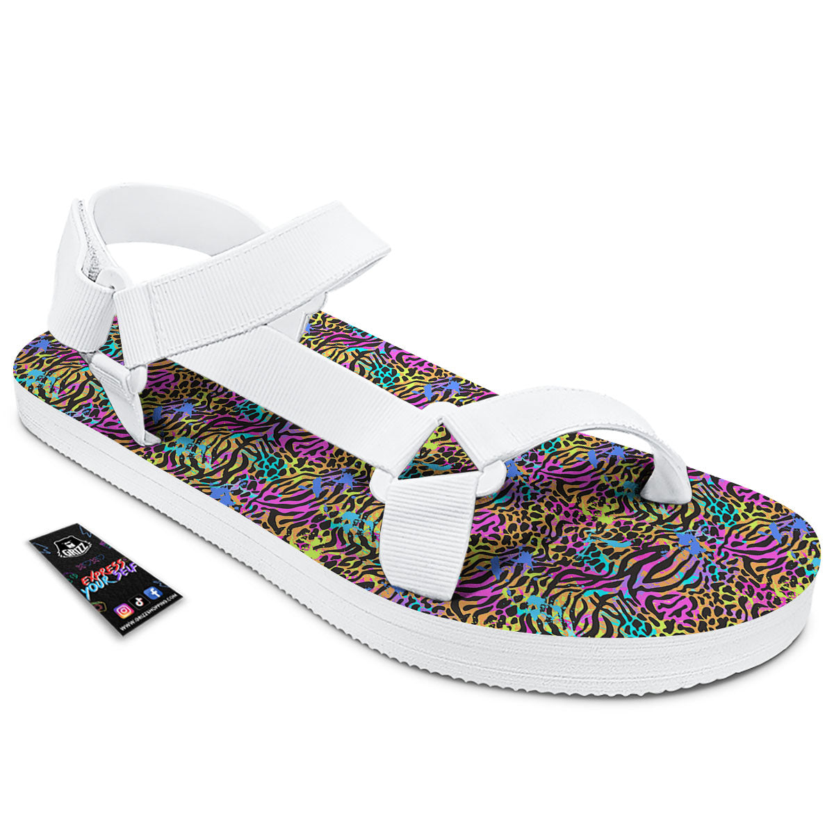 Leopard Zebra Colorful Print Pattern White Open Toe Sandals-grizzshop