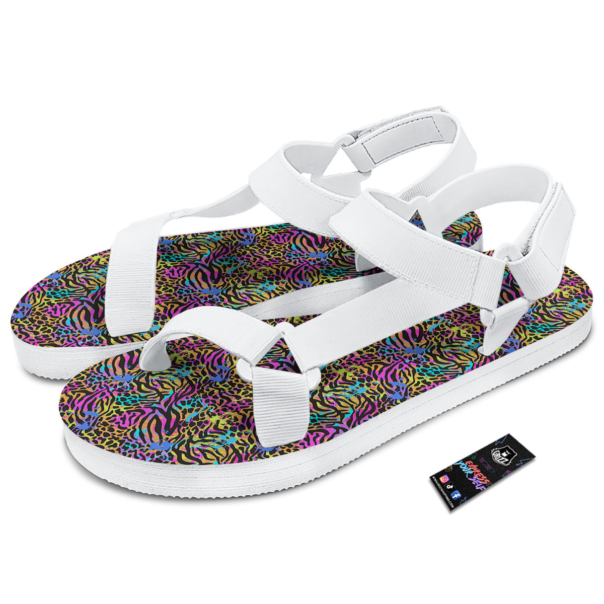 Leopard Zebra Colorful Print Pattern White Open Toe Sandals-grizzshop