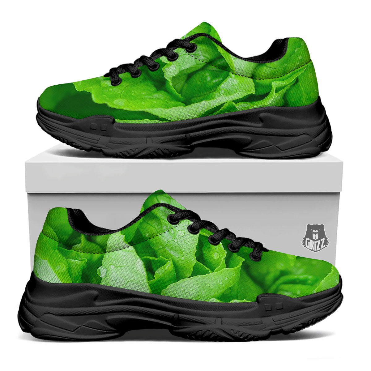 Lettuce Fresh Leaves Print Black Chunky Shoes-grizzshop