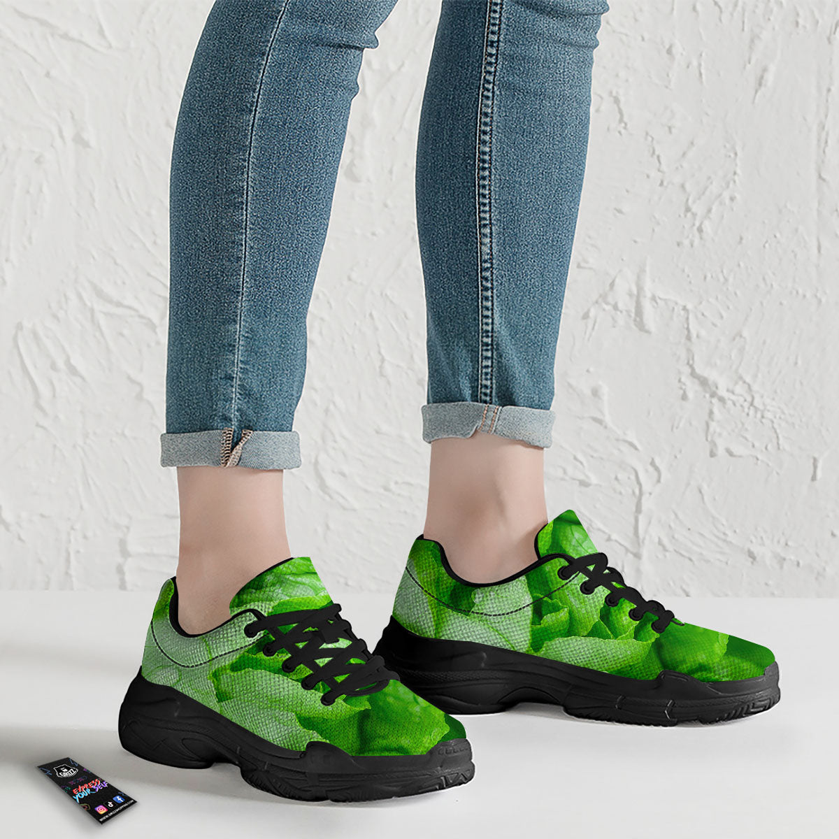 Lettuce Fresh Leaves Print Black Chunky Shoes-grizzshop