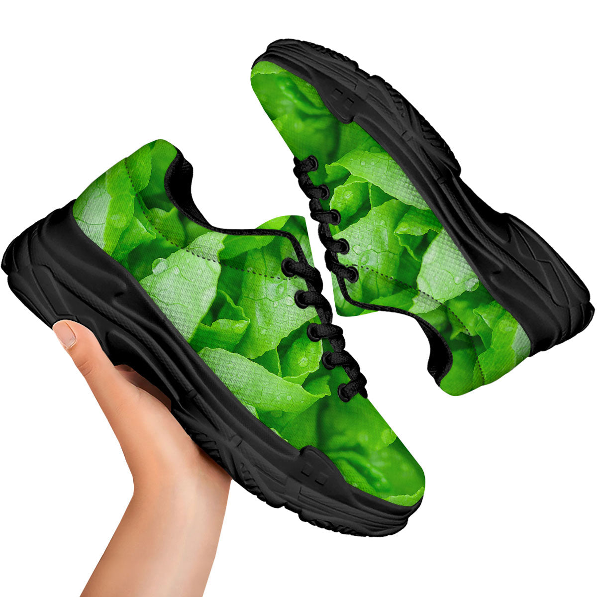 Lettuce Fresh Leaves Print Black Chunky Shoes-grizzshop