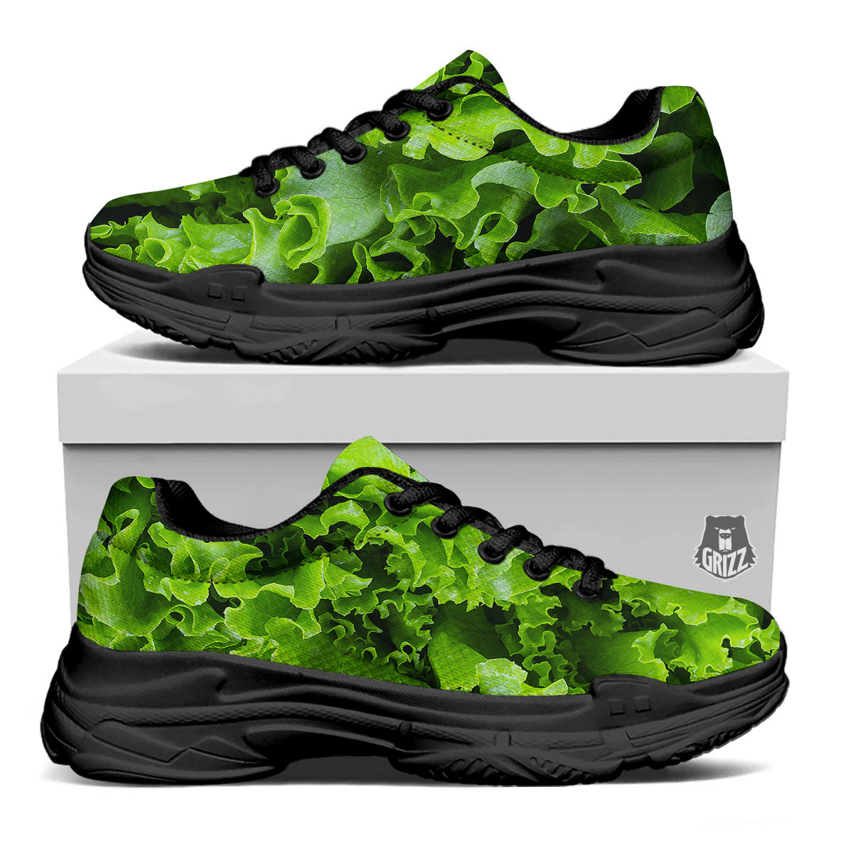 Lettuce Green Leaves Print Black Chunky Shoes-grizzshop