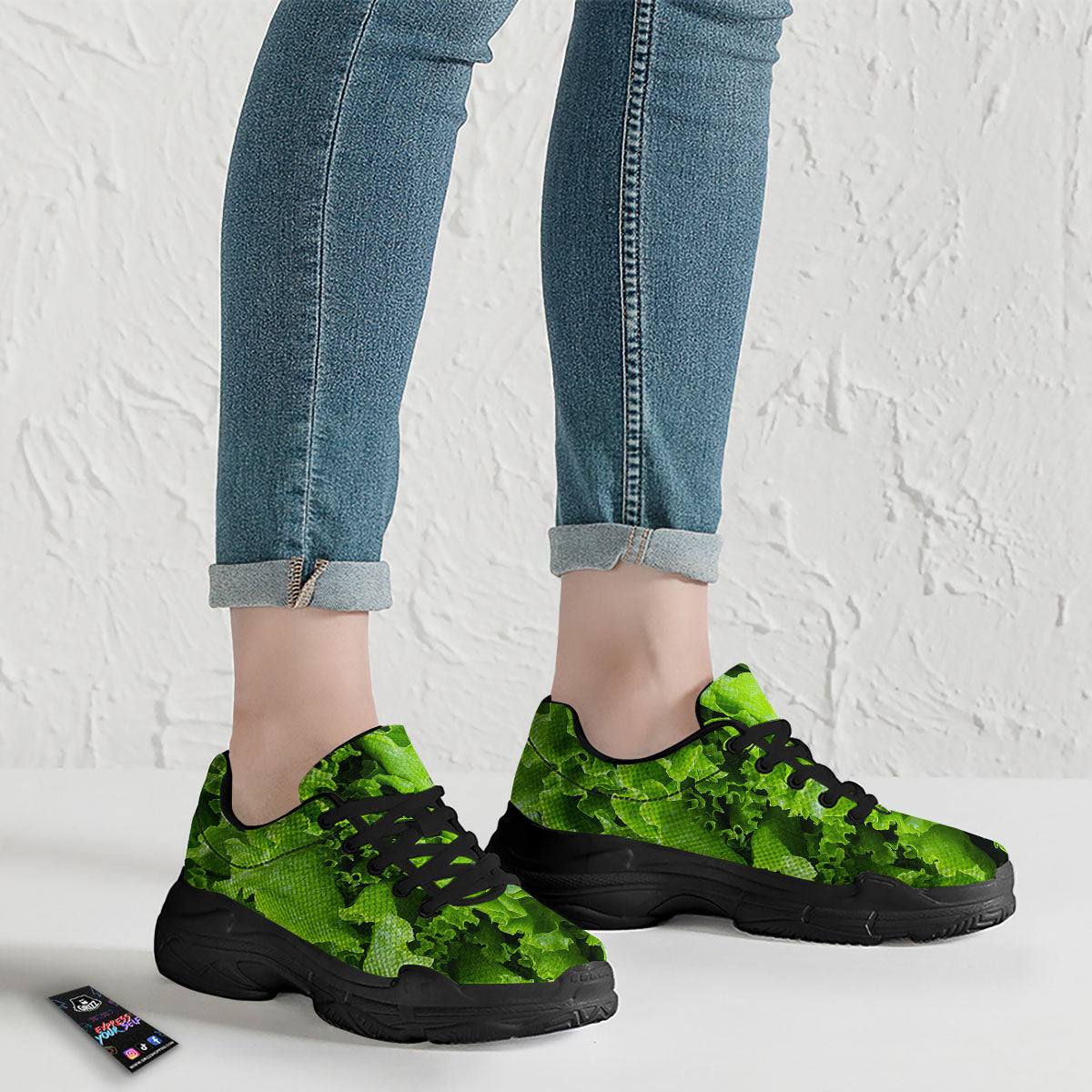 Lettuce Green Leaves Print Black Chunky Shoes-grizzshop