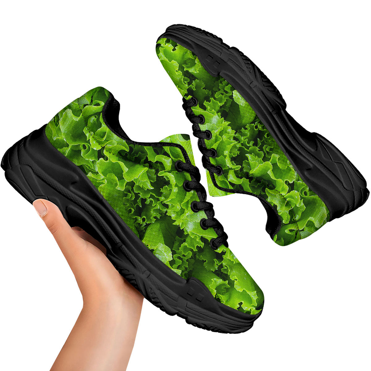 Lettuce Green Leaves Print Black Chunky Shoes-grizzshop
