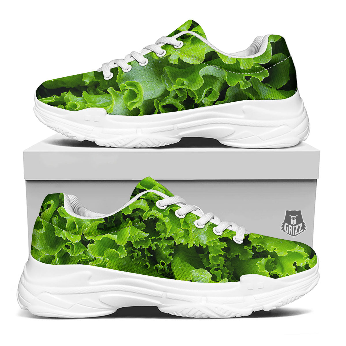 Lettuce Green Leaves Print White Chunky Shoes-grizzshop