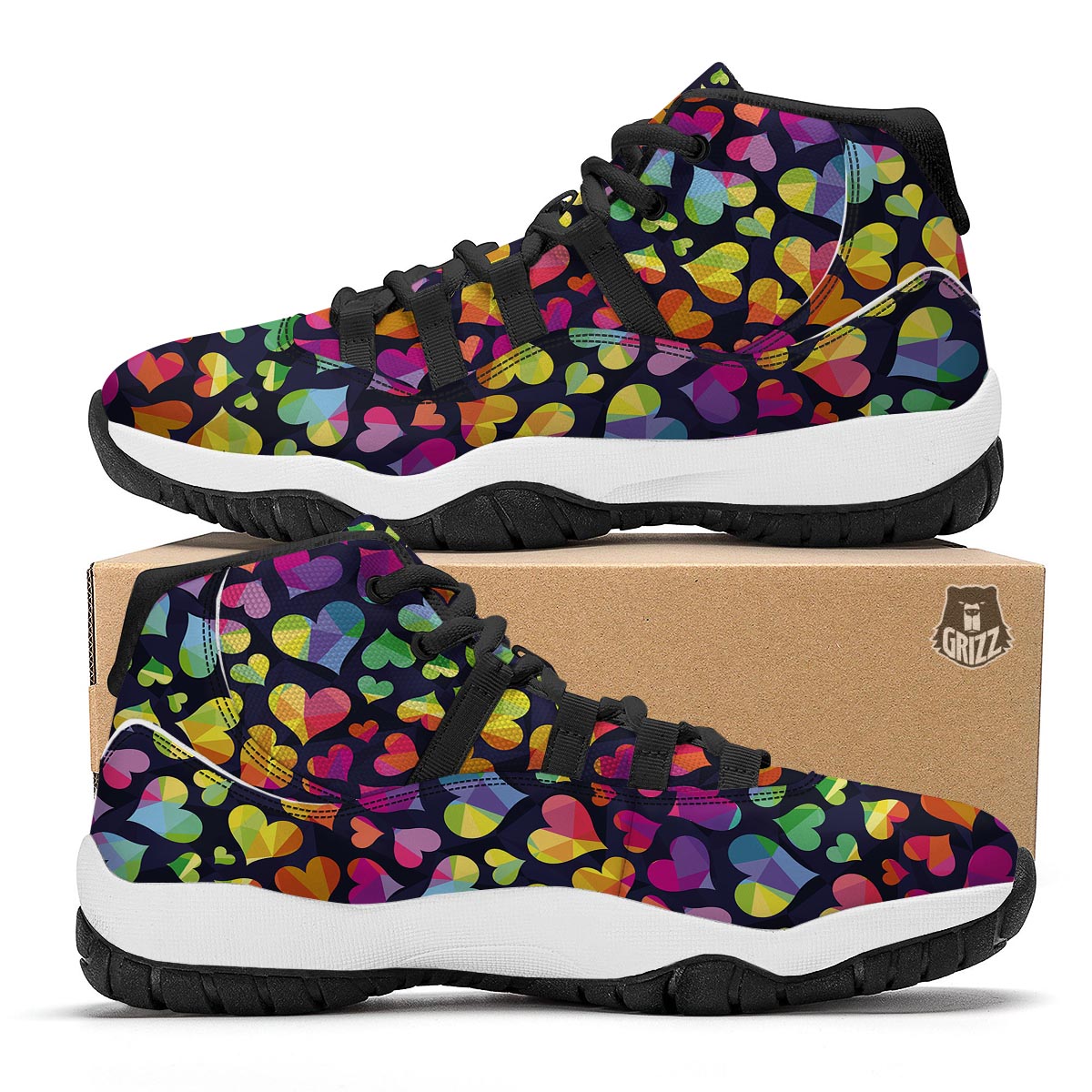 Lgbt Rainbow Heart Patterm Print Black Bball Shoes-grizzshop