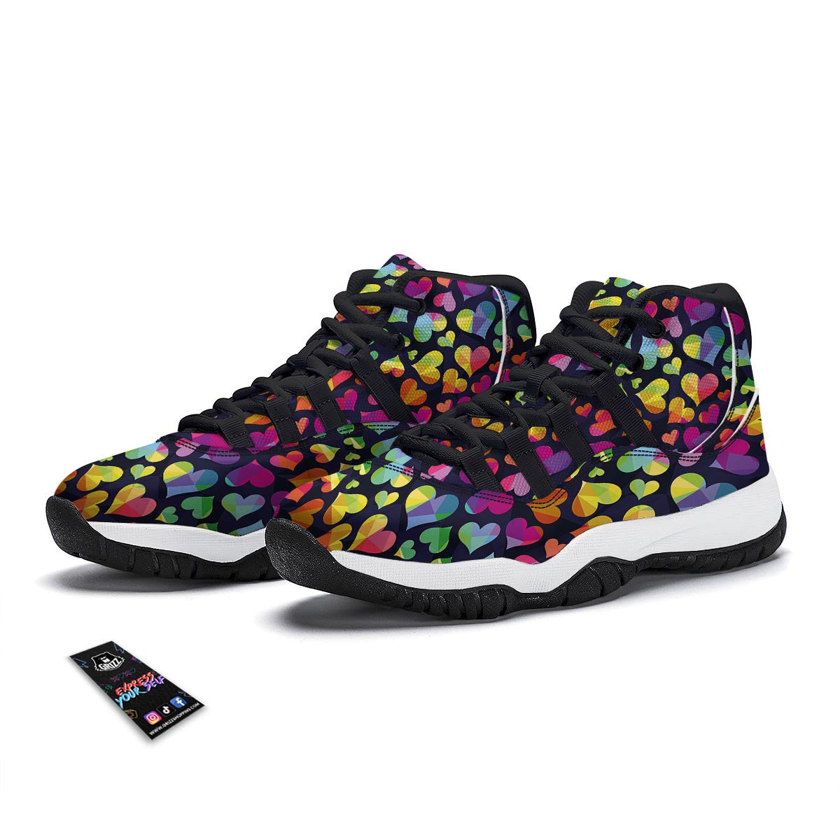 Lgbt Rainbow Heart Patterm Print Black Bball Shoes-grizzshop