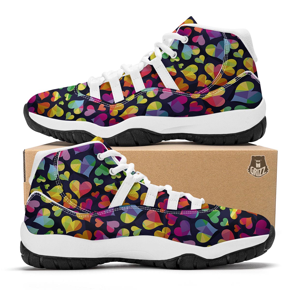 Lgbt Rainbow Heart Patterm Print White Bball Shoes-grizzshop