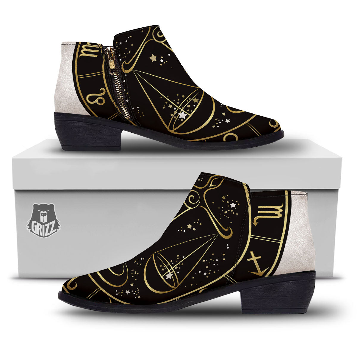 Libra Sign Black And Gold Print Ankle Boots-grizzshop