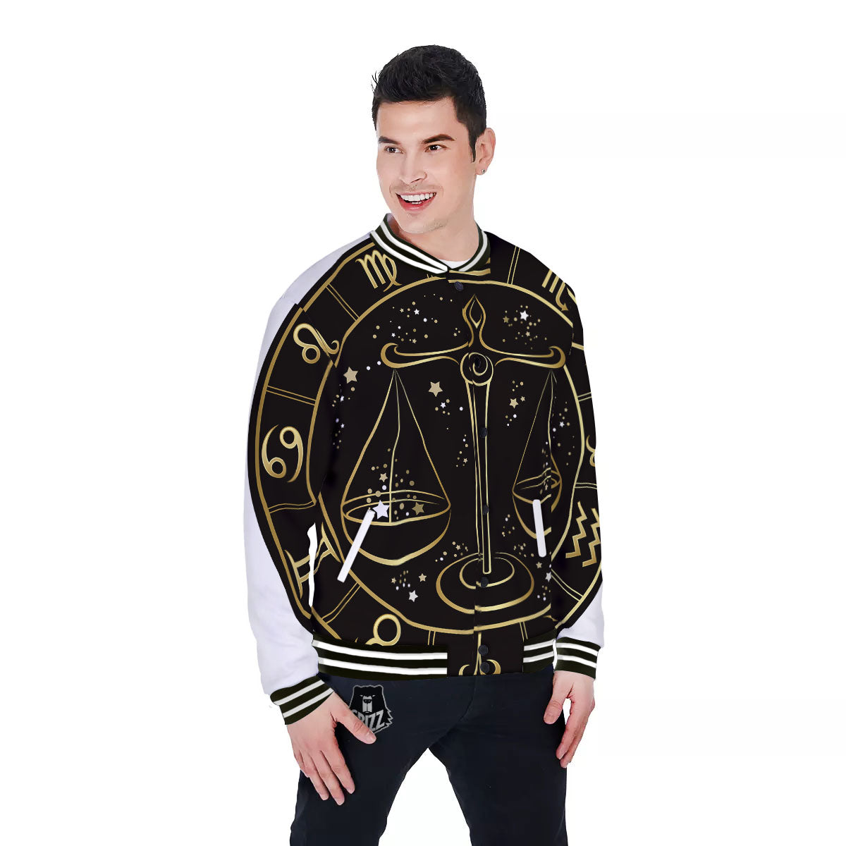 Libra Sign Black And Gold Print Baseball Jacket-grizzshop