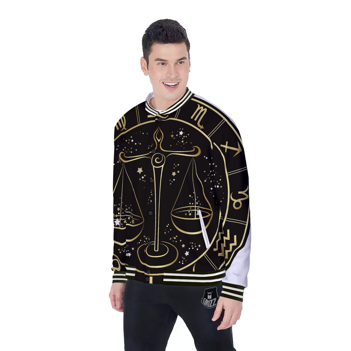 Libra Sign Black And Gold Print Baseball Jacket-grizzshop
