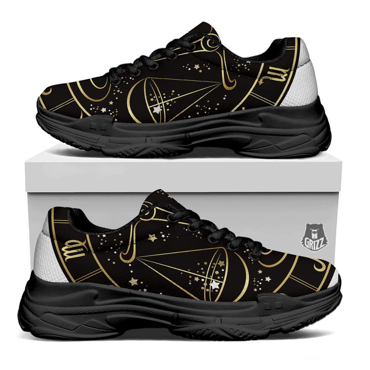 Libra Sign Black And Gold Print Black Chunky Shoes-grizzshop