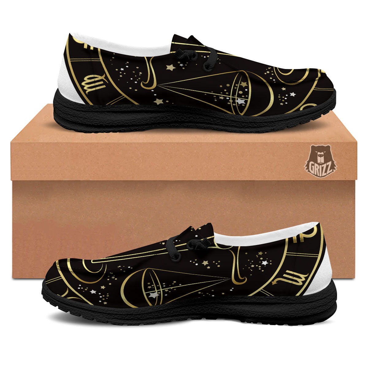 Libra Sign Black And Gold Print Black Loafers-grizzshop