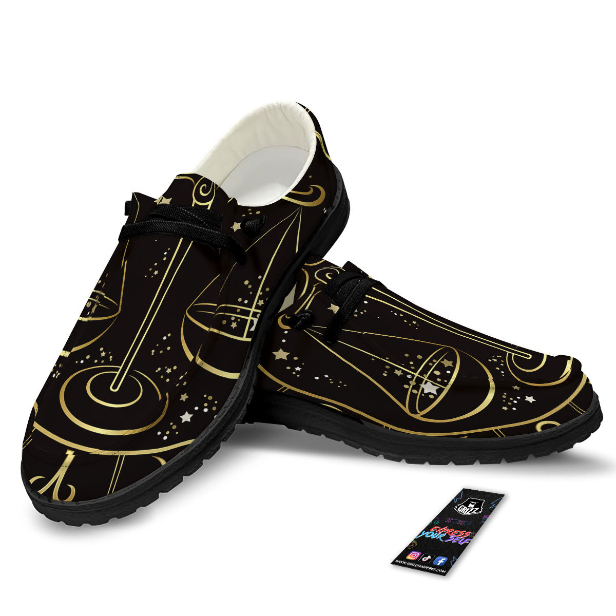 Libra Sign Black And Gold Print Black Loafers-grizzshop