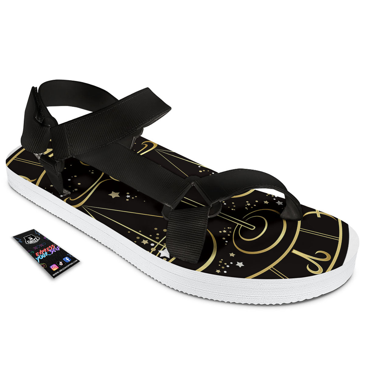 Libra Sign Black And Gold Print Black Open Toe Sandals-grizzshop