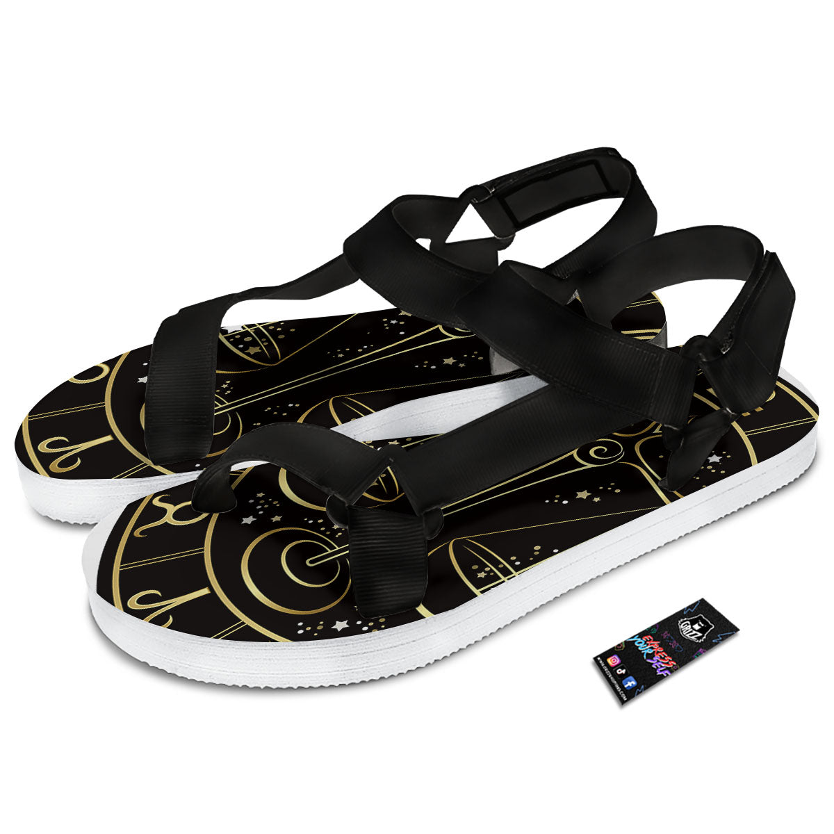 Libra Sign Black And Gold Print Black Open Toe Sandals-grizzshop