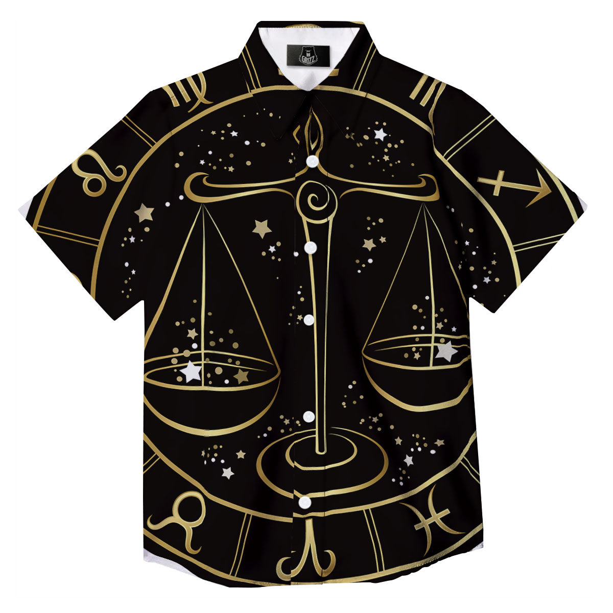 Libra Sign Black And Gold Print Button Up Shirt-grizzshop