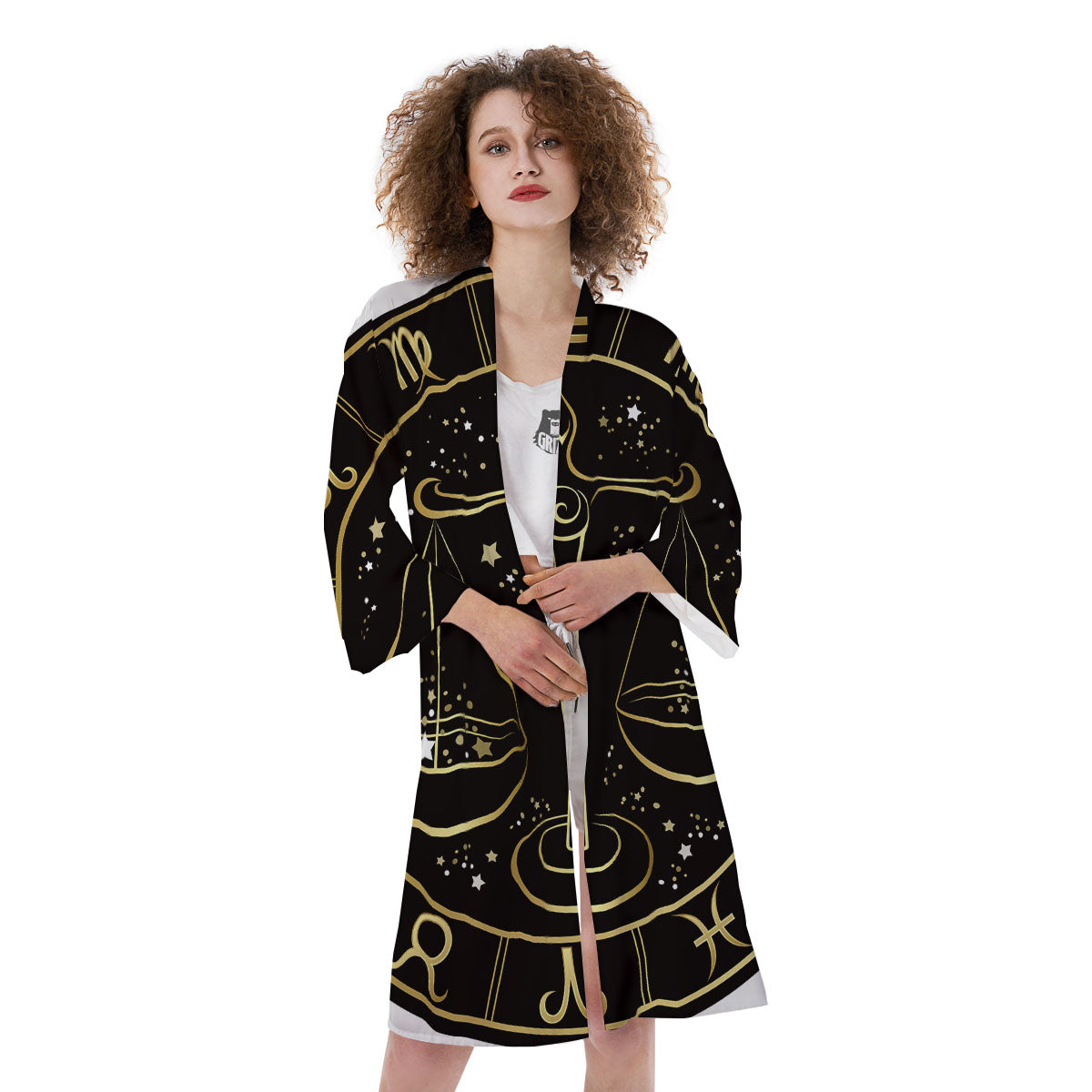 Libra Sign Black And Gold Print Kimono-grizzshop