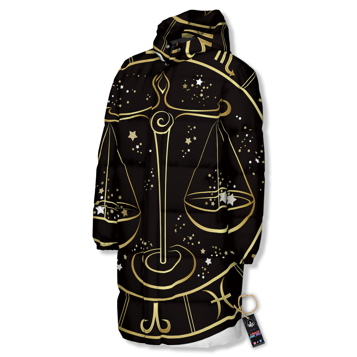 Libra Sign Black And Gold Print Long Down Jacket-grizzshop