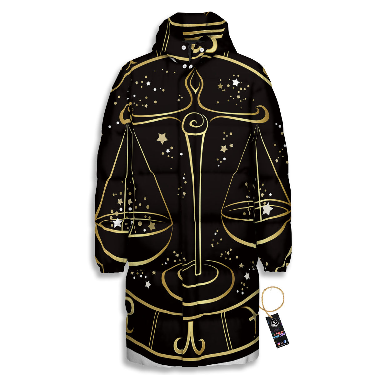 Libra Sign Black And Gold Print Long Down Jacket-grizzshop