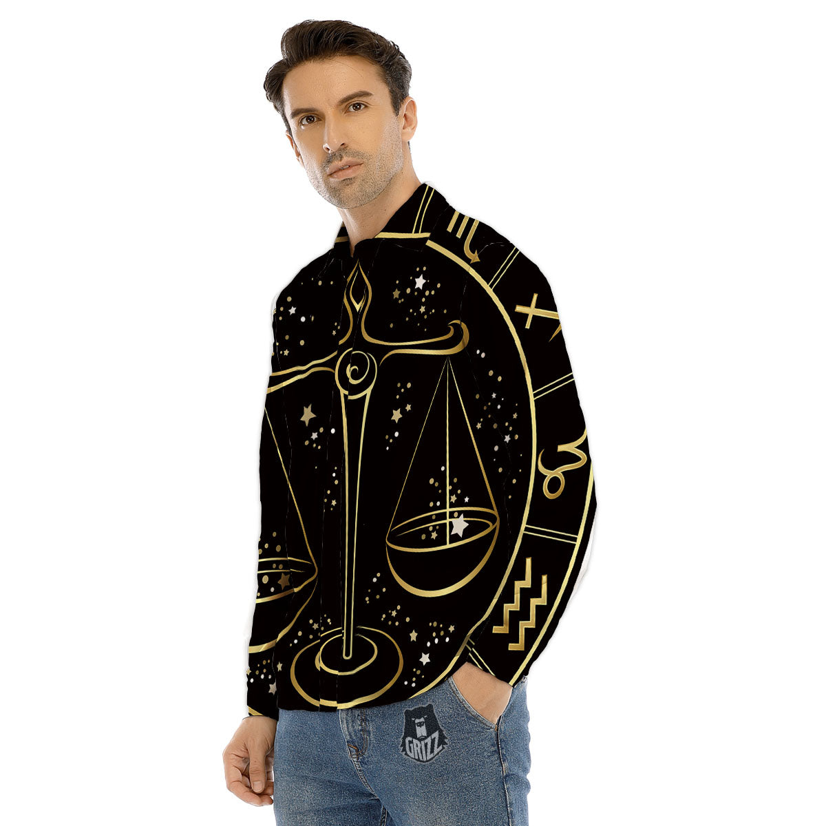 Libra Sign Black And Gold Print Men's Dress Shirts-grizzshop