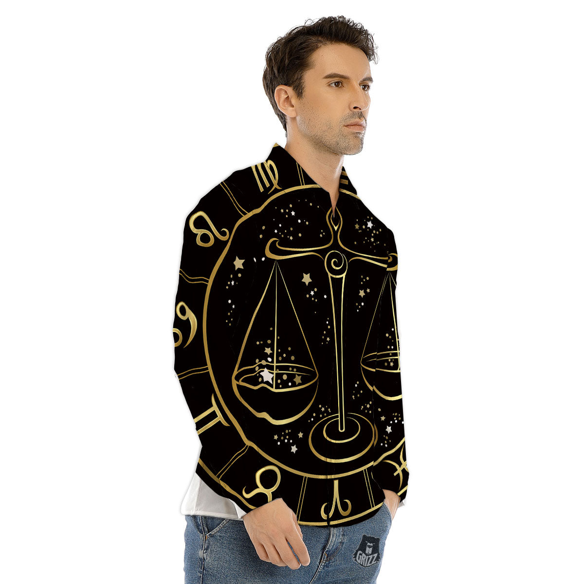 Libra Sign Black And Gold Print Men's Dress Shirts-grizzshop
