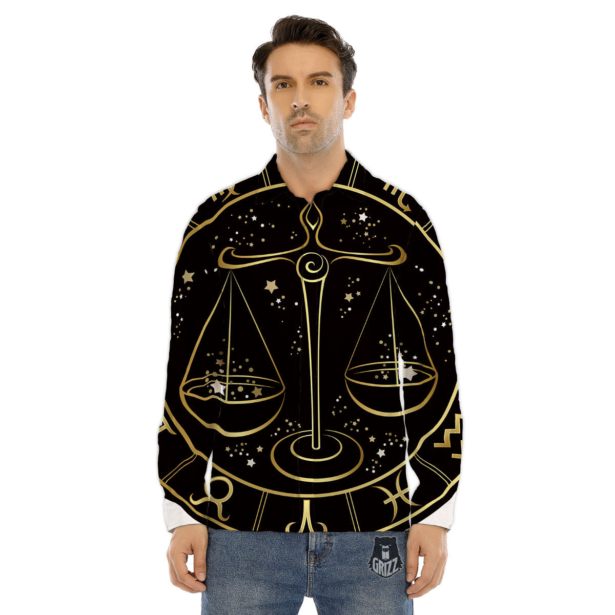 Libra Sign Black And Gold Print Men's Dress Shirts-grizzshop