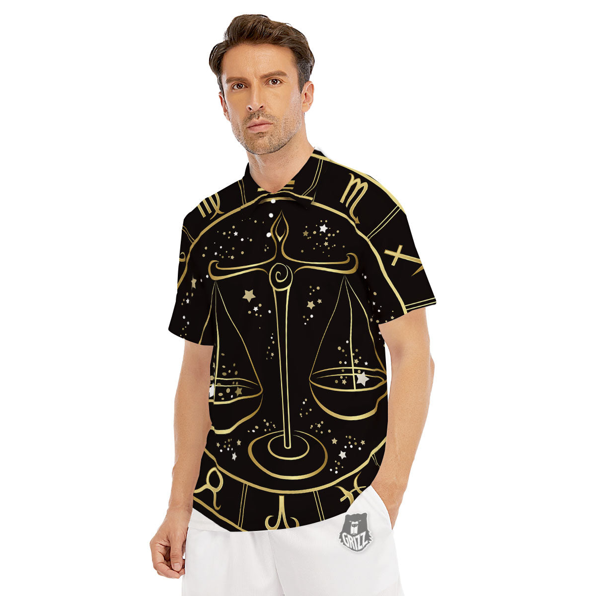 Libra Sign Black And Gold Print Men's Golf Shirts-grizzshop