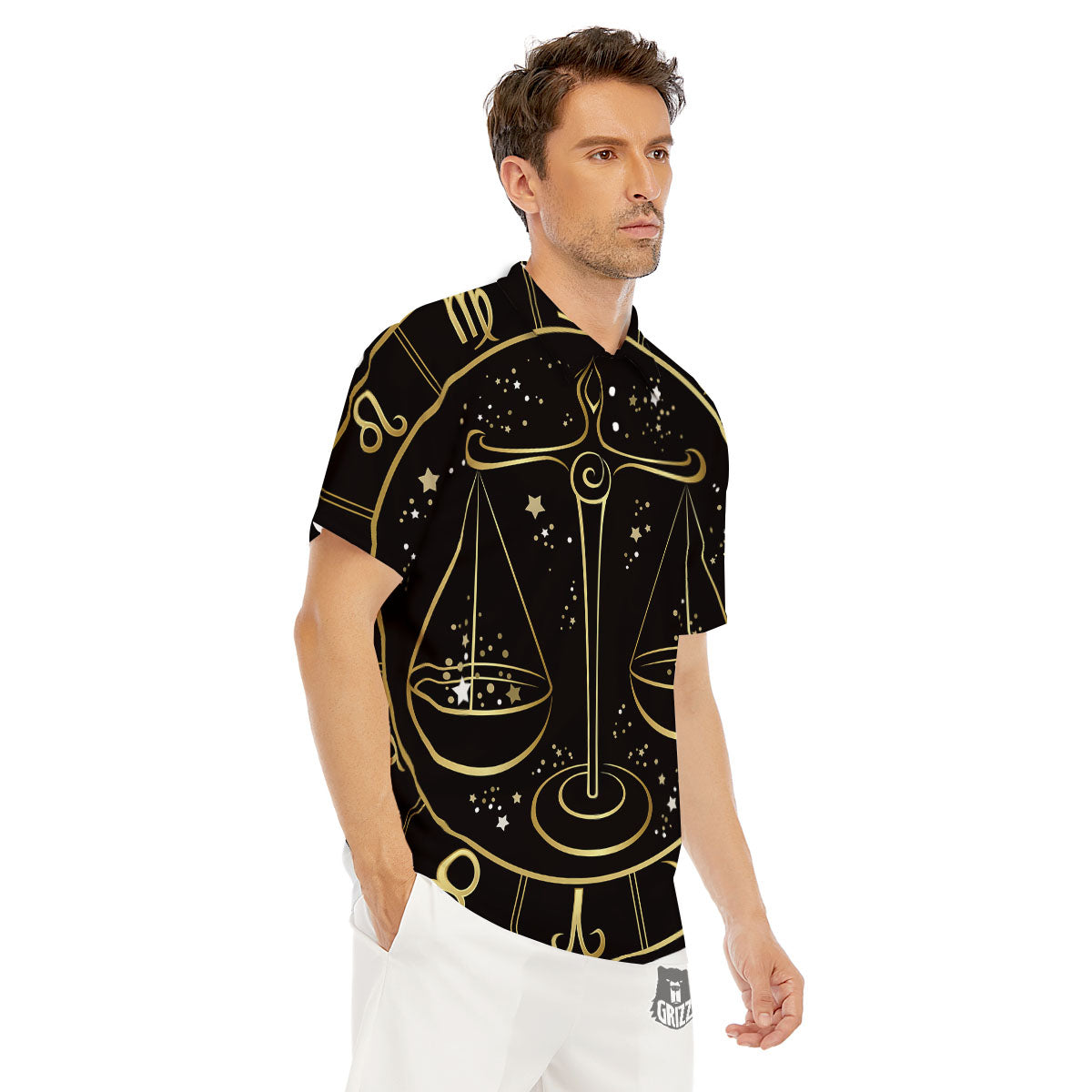 Libra Sign Black And Gold Print Men's Golf Shirts-grizzshop