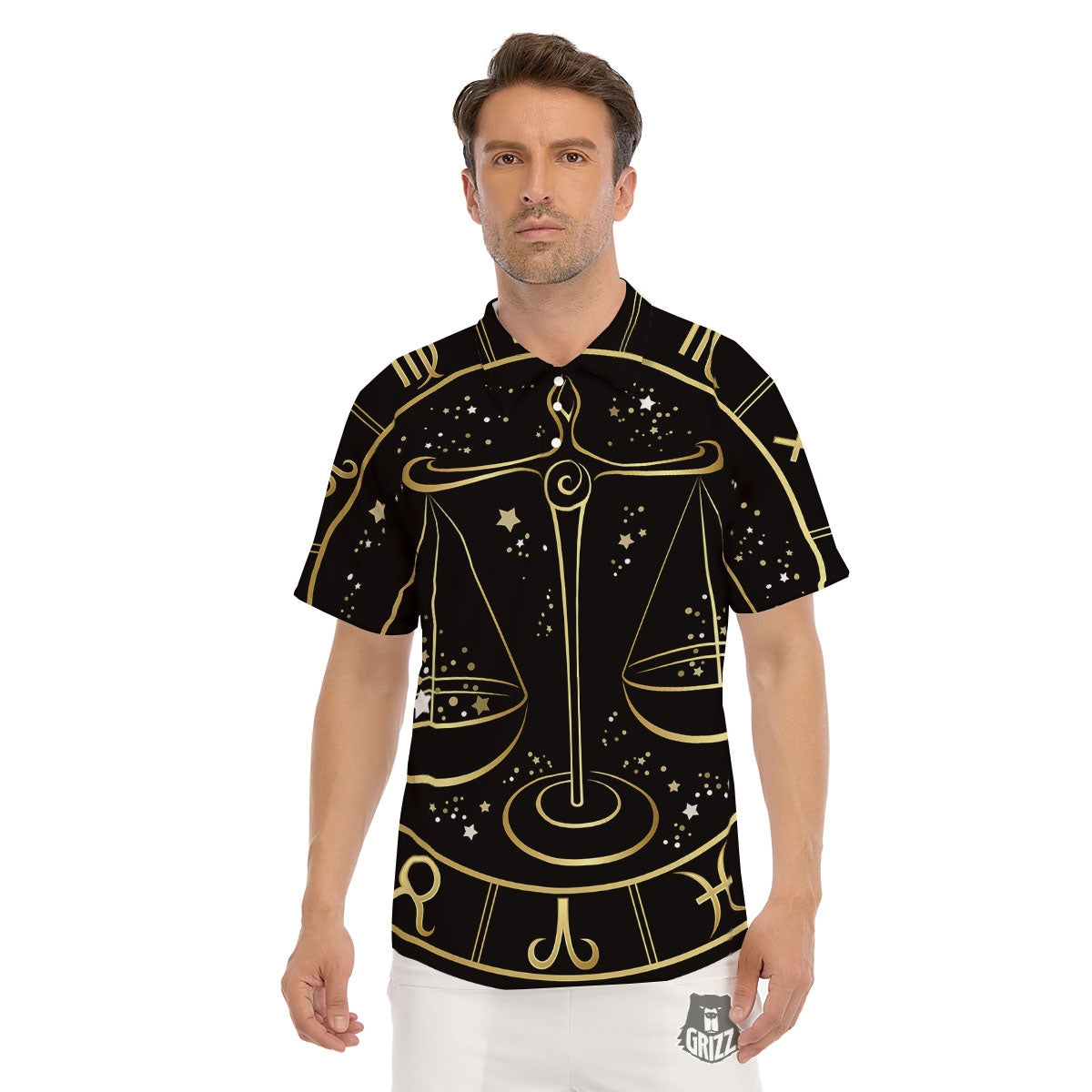 Libra Sign Black And Gold Print Men's Golf Shirts-grizzshop