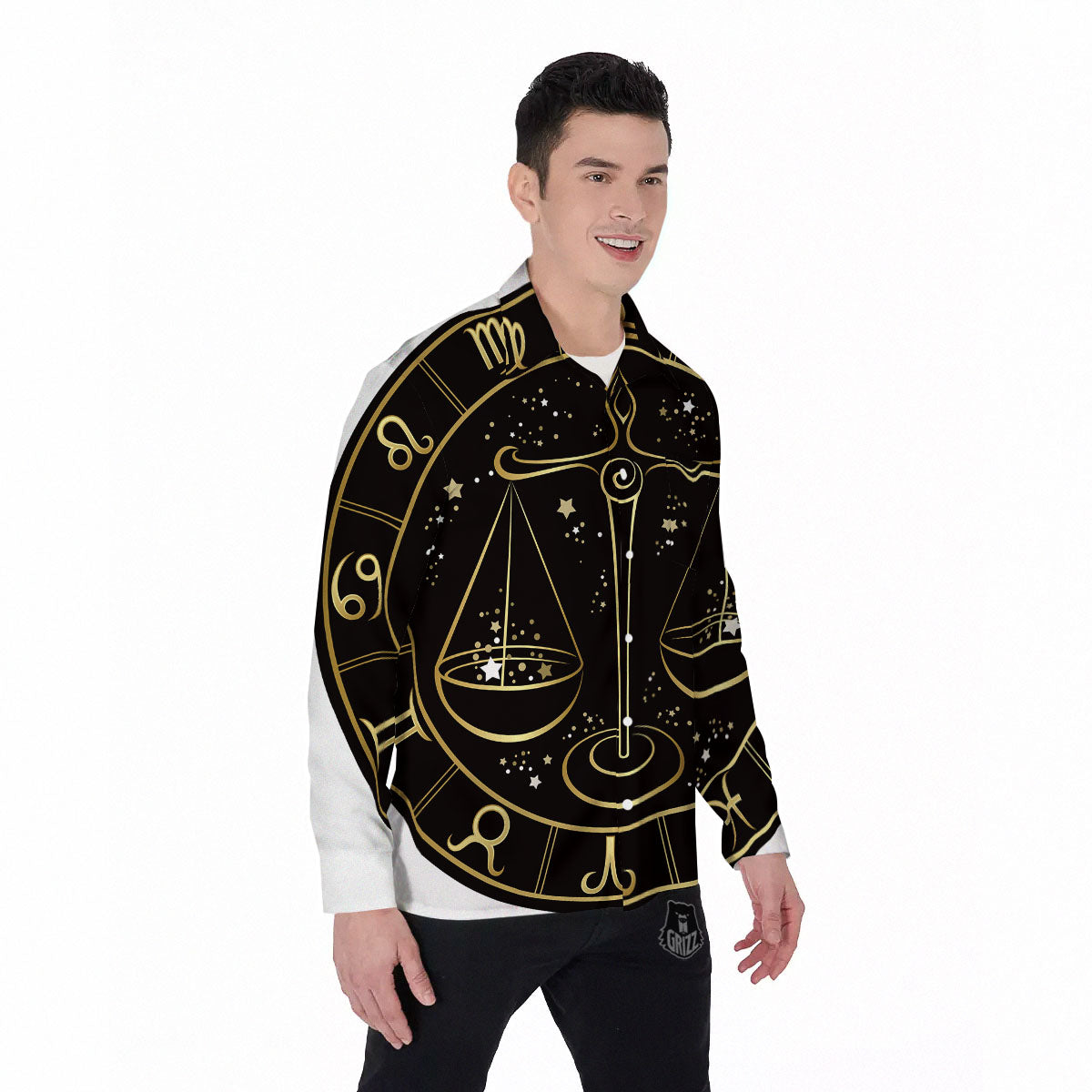 Libra Sign Black And Gold Print Men's Long Sleeve Shirts-grizzshop