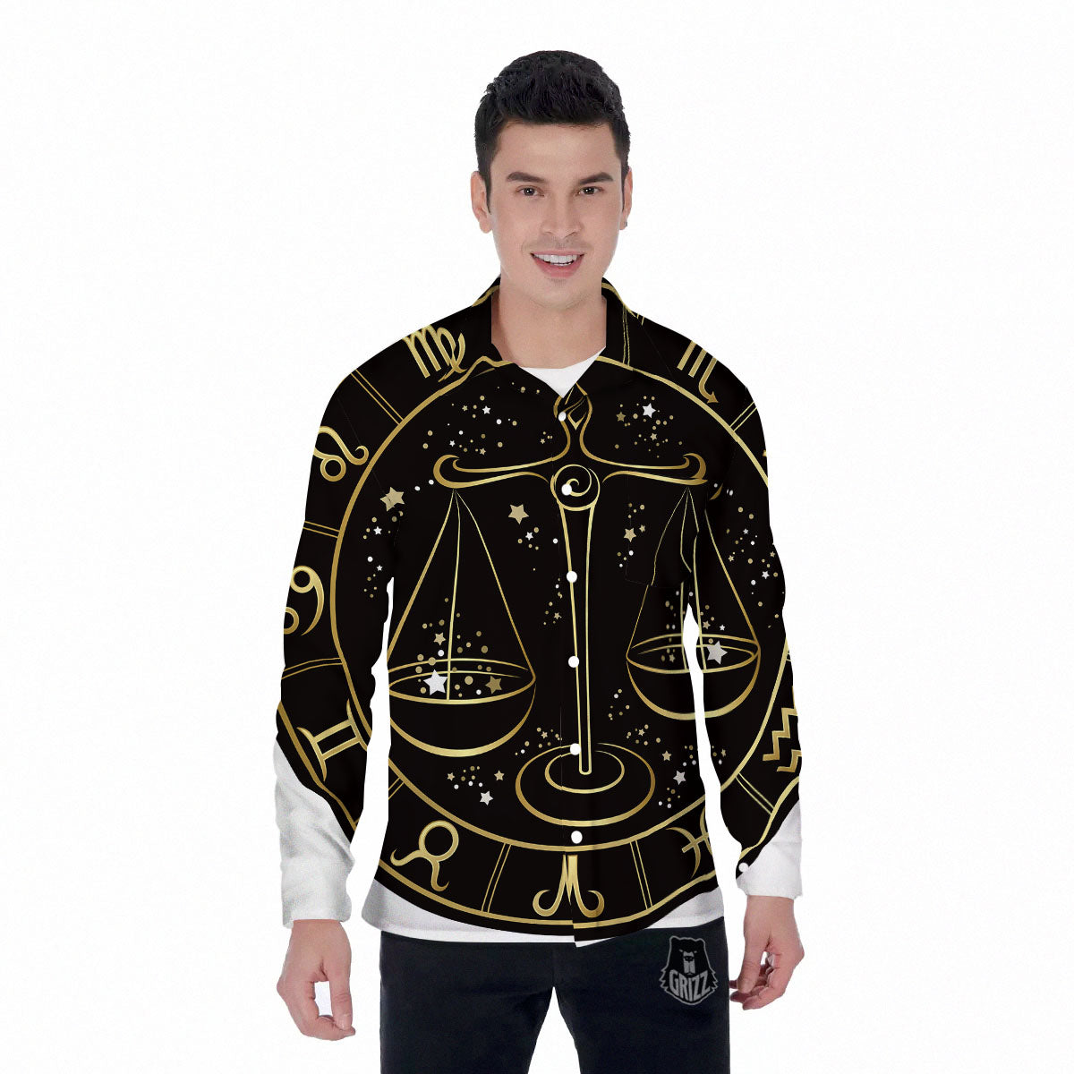 Libra Sign Black And Gold Print Men's Long Sleeve Shirts-grizzshop