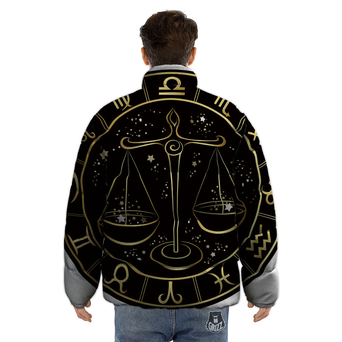 Libra Sign Black And Gold Print Puffer Jacket-grizzshop