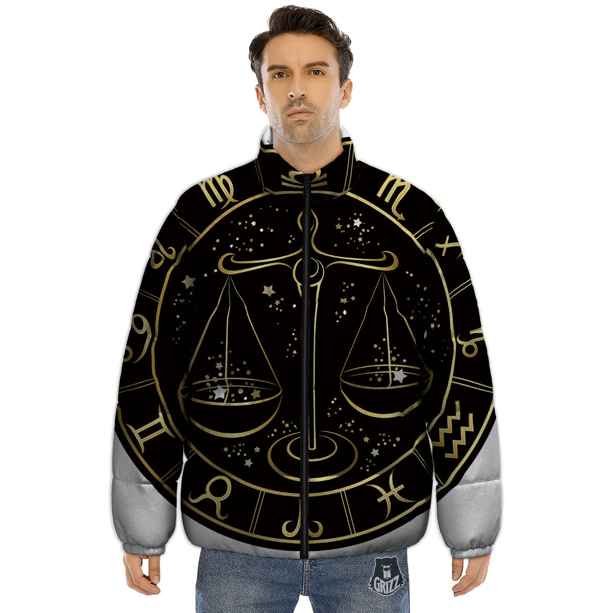 Libra Sign Black And Gold Print Puffer Jacket-grizzshop
