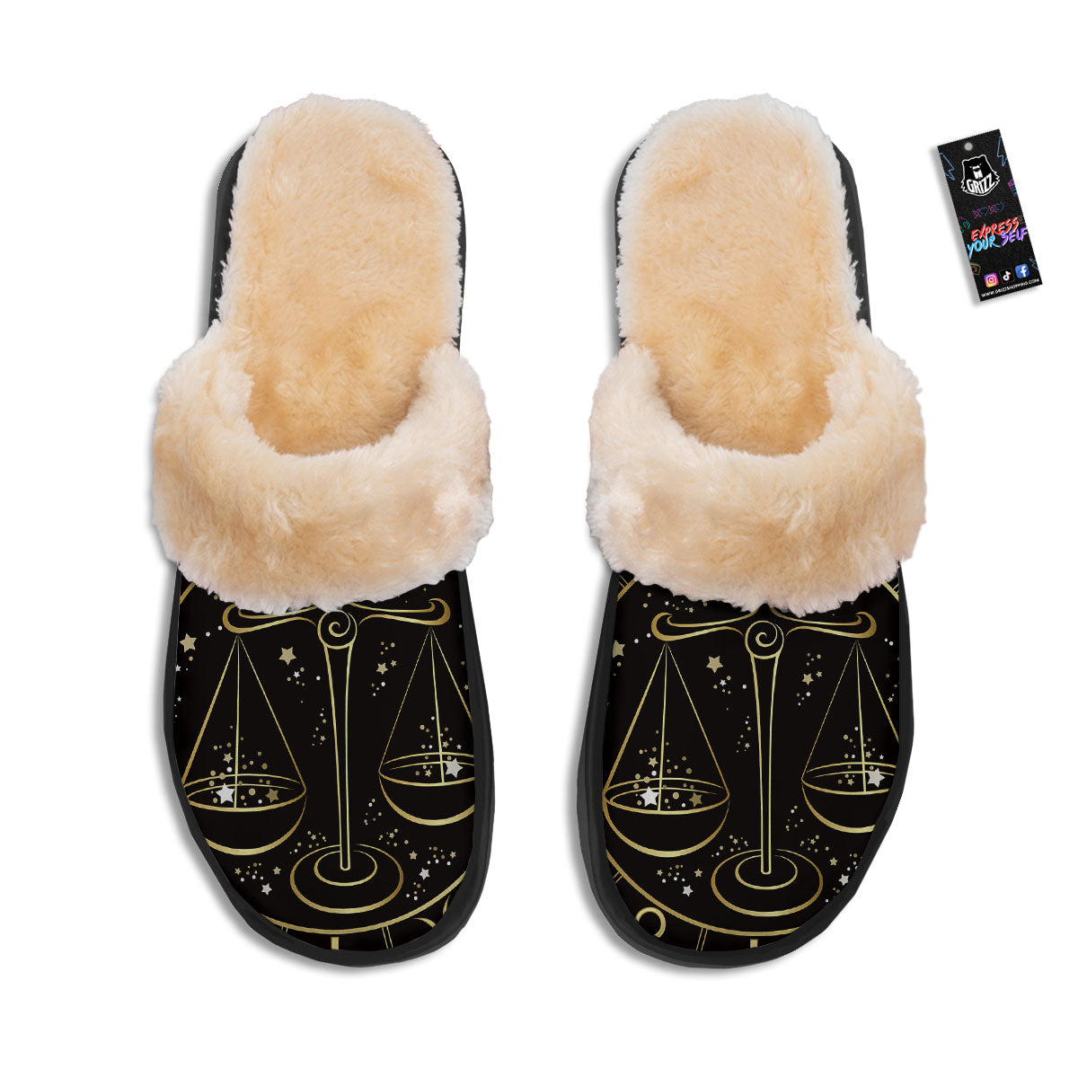 Libra Sign Black And Gold Print Slippers-grizzshop
