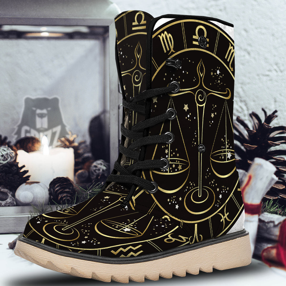 Libra Sign Black And Gold Print Snow Boots-grizzshop