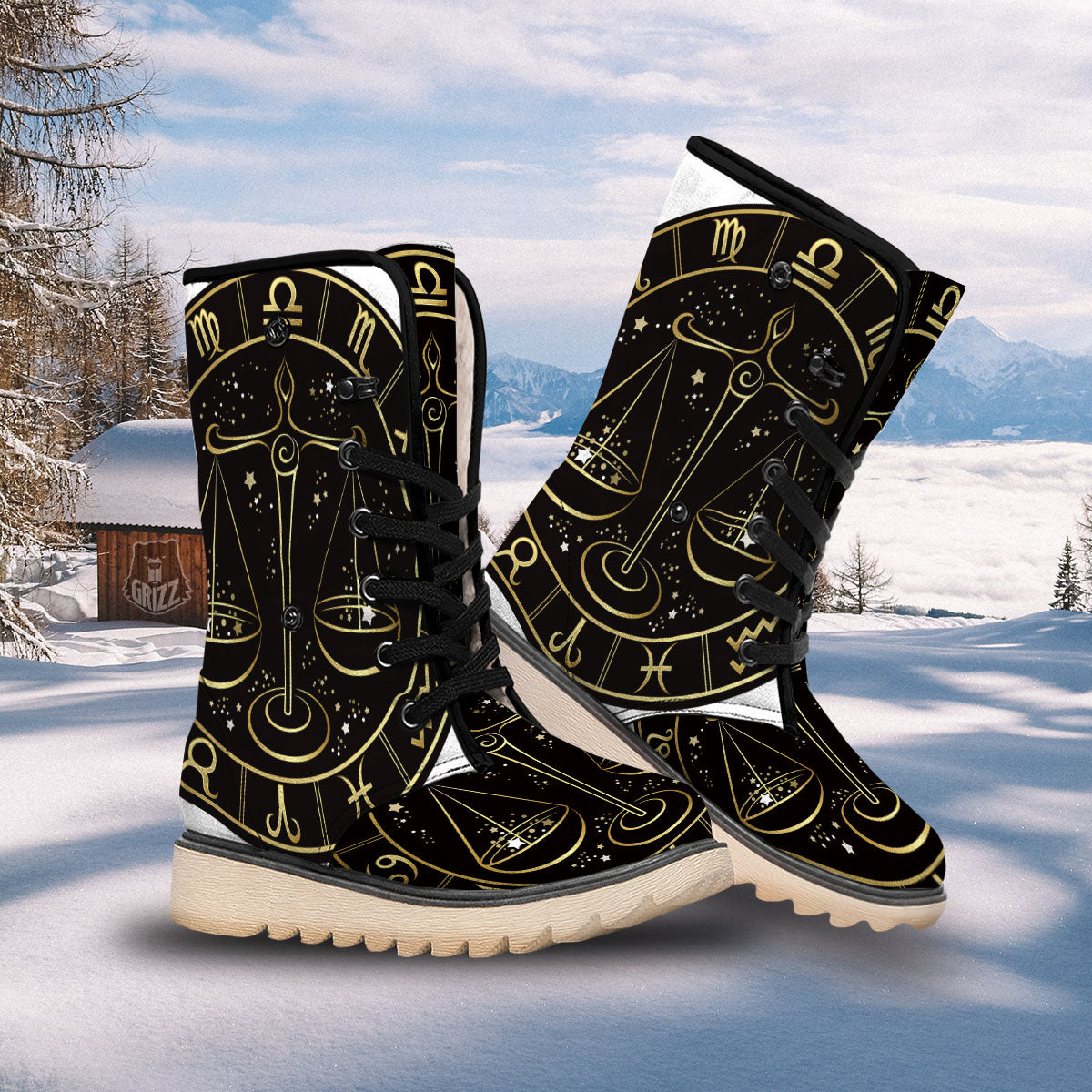 Libra Sign Black And Gold Print Snow Boots-grizzshop