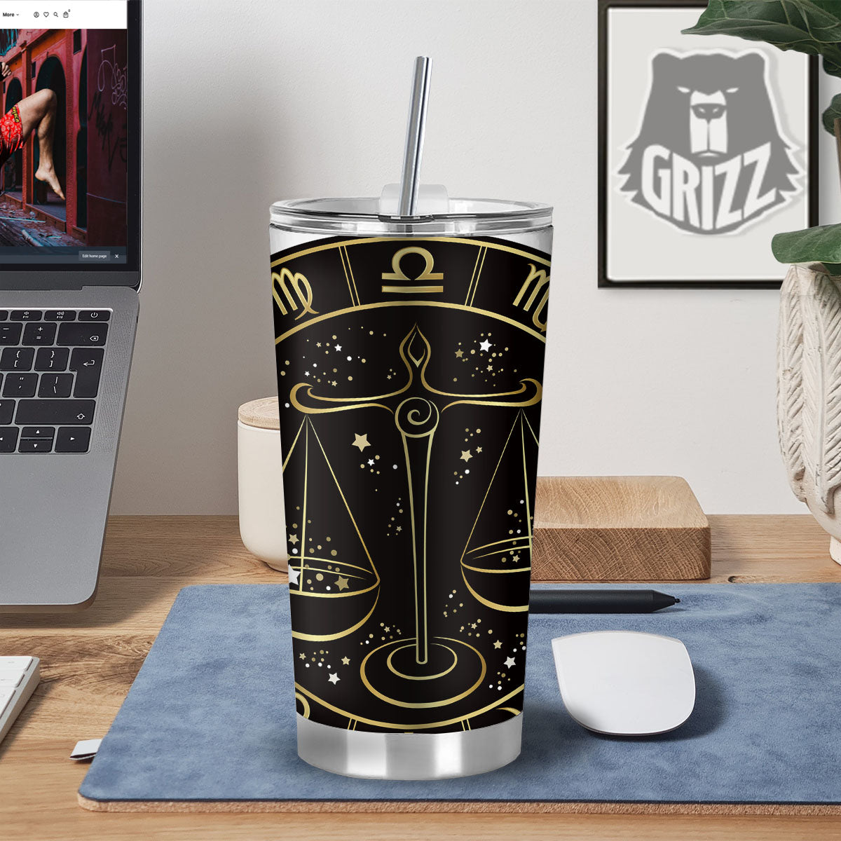 Libra Sign Black And Gold Print Tumbler-grizzshop