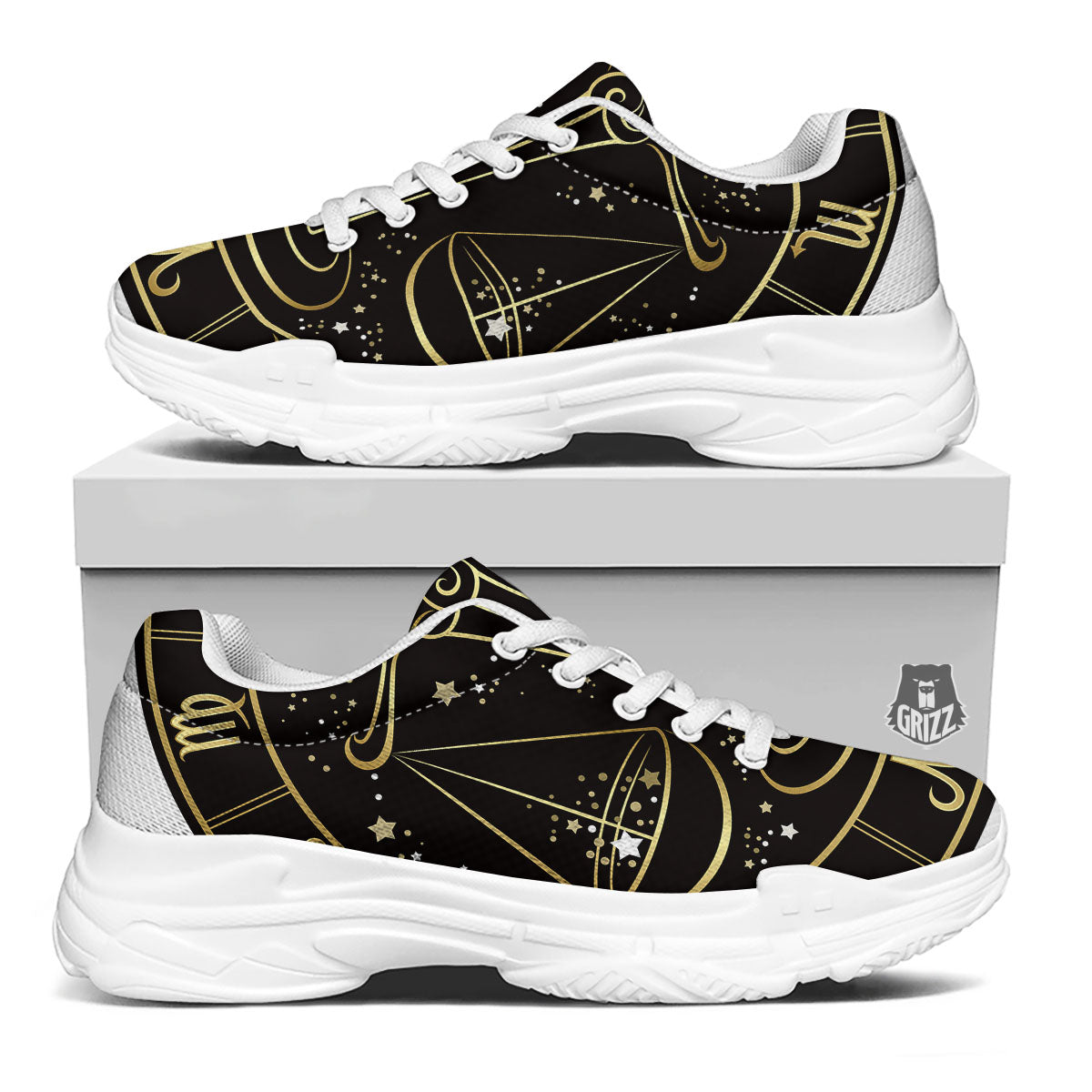 Libra Sign Black And Gold Print White Chunky Shoes-grizzshop