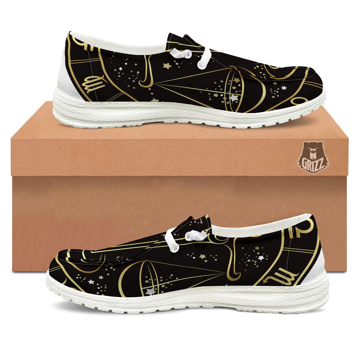 Libra Sign Black And Gold Print White Loafers-grizzshop