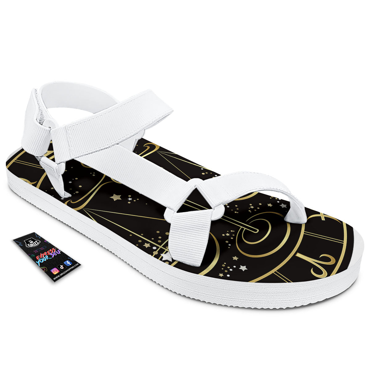 Libra Sign Black And Gold Print White Open Toe Sandals-grizzshop