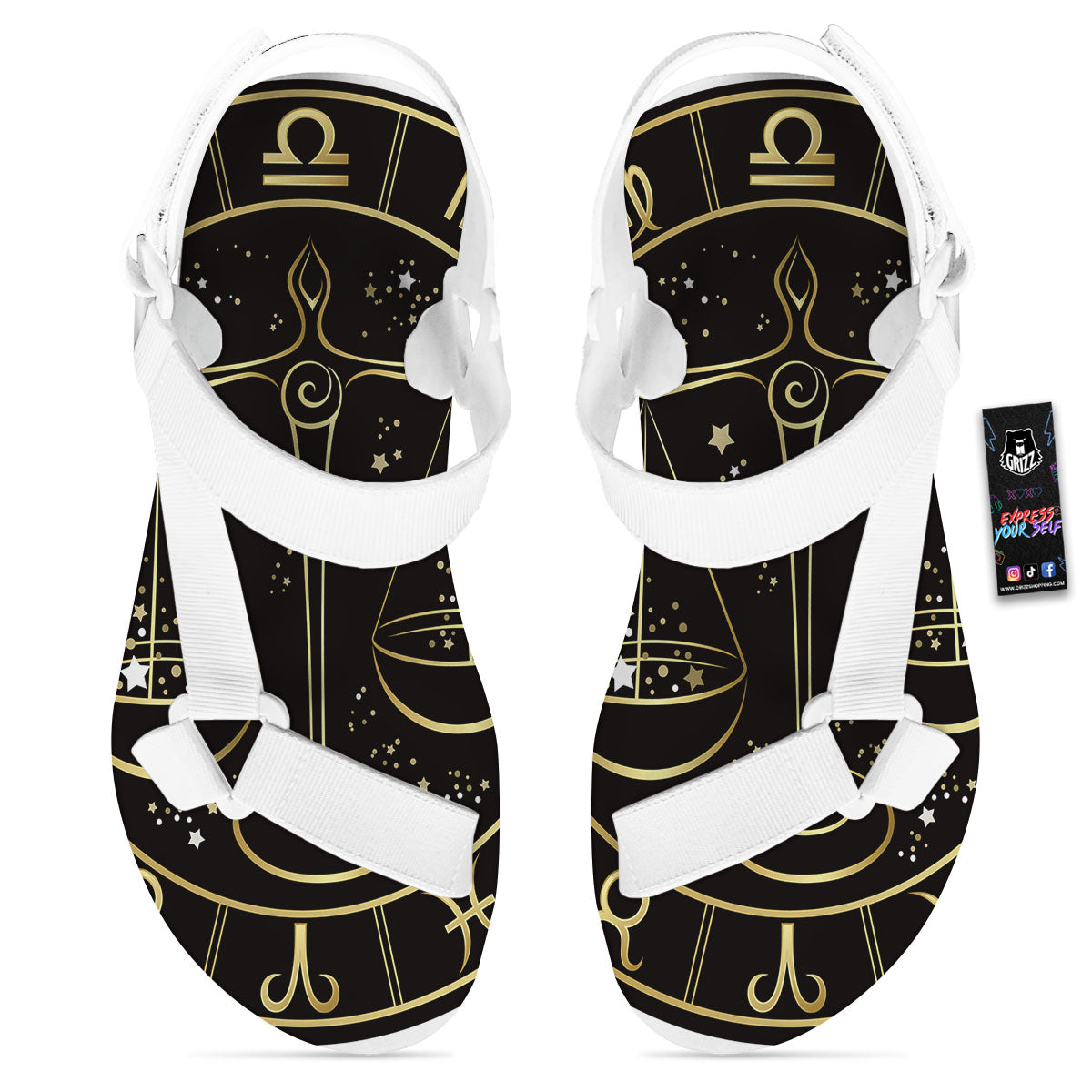 Libra Sign Black And Gold Print White Open Toe Sandals-grizzshop
