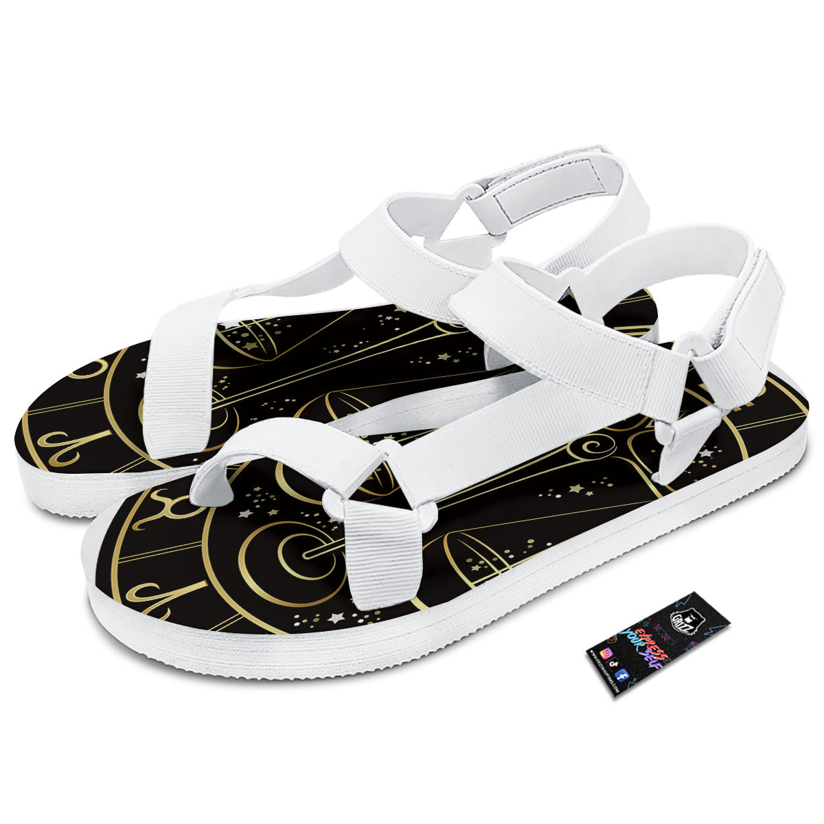 Libra Sign Black And Gold Print White Open Toe Sandals-grizzshop