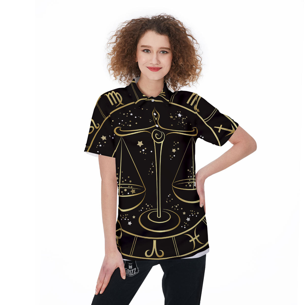 Libra Sign Black And Gold Print Women's Golf Shirts-grizzshop