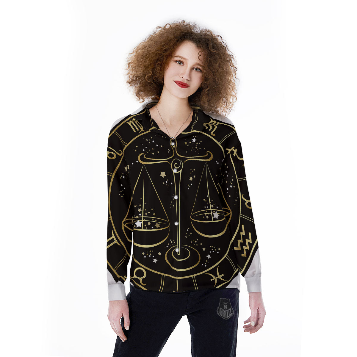 Libra Sign Black And Gold Print Women's Long Sleeve Shirts-grizzshop