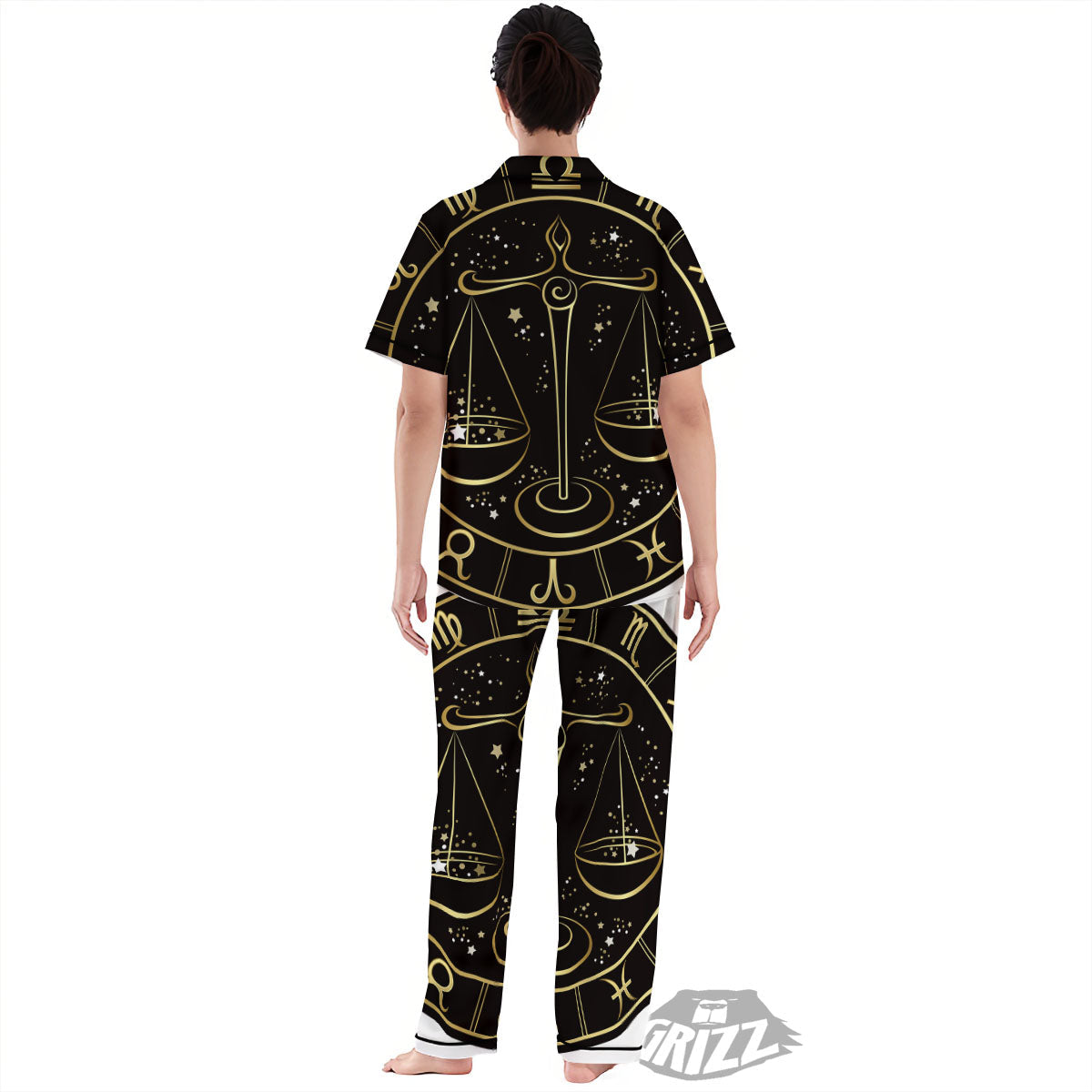 Libra Sign Black And Gold Print Women's Pajamas Set-grizzshop