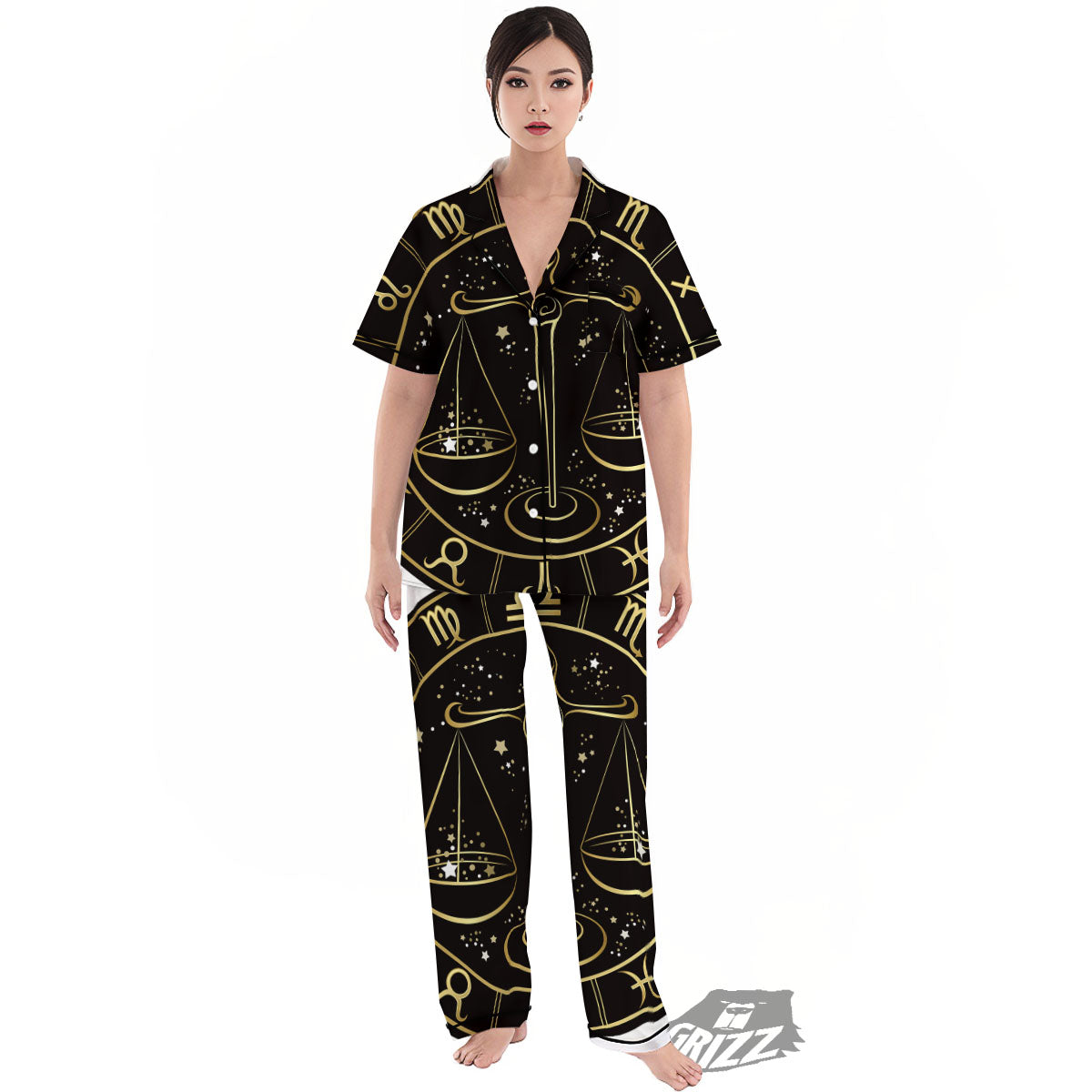 Libra Sign Black And Gold Print Women's Pajamas Set-grizzshop