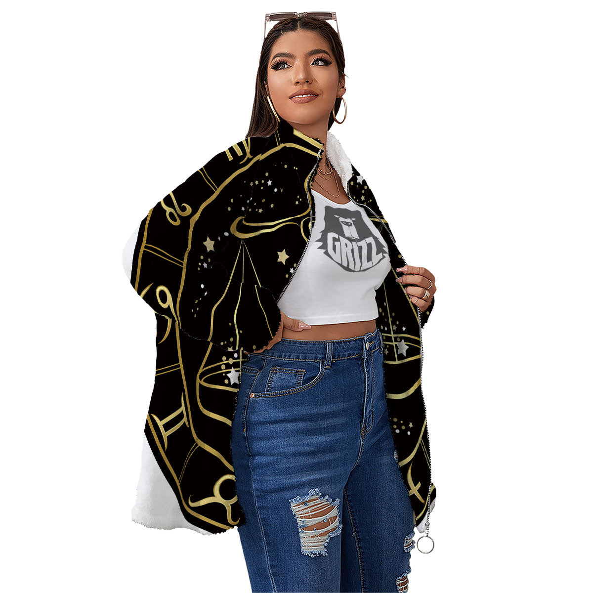 Libra Sign Black And Gold Print Women's Sherpa Jacket-grizzshop