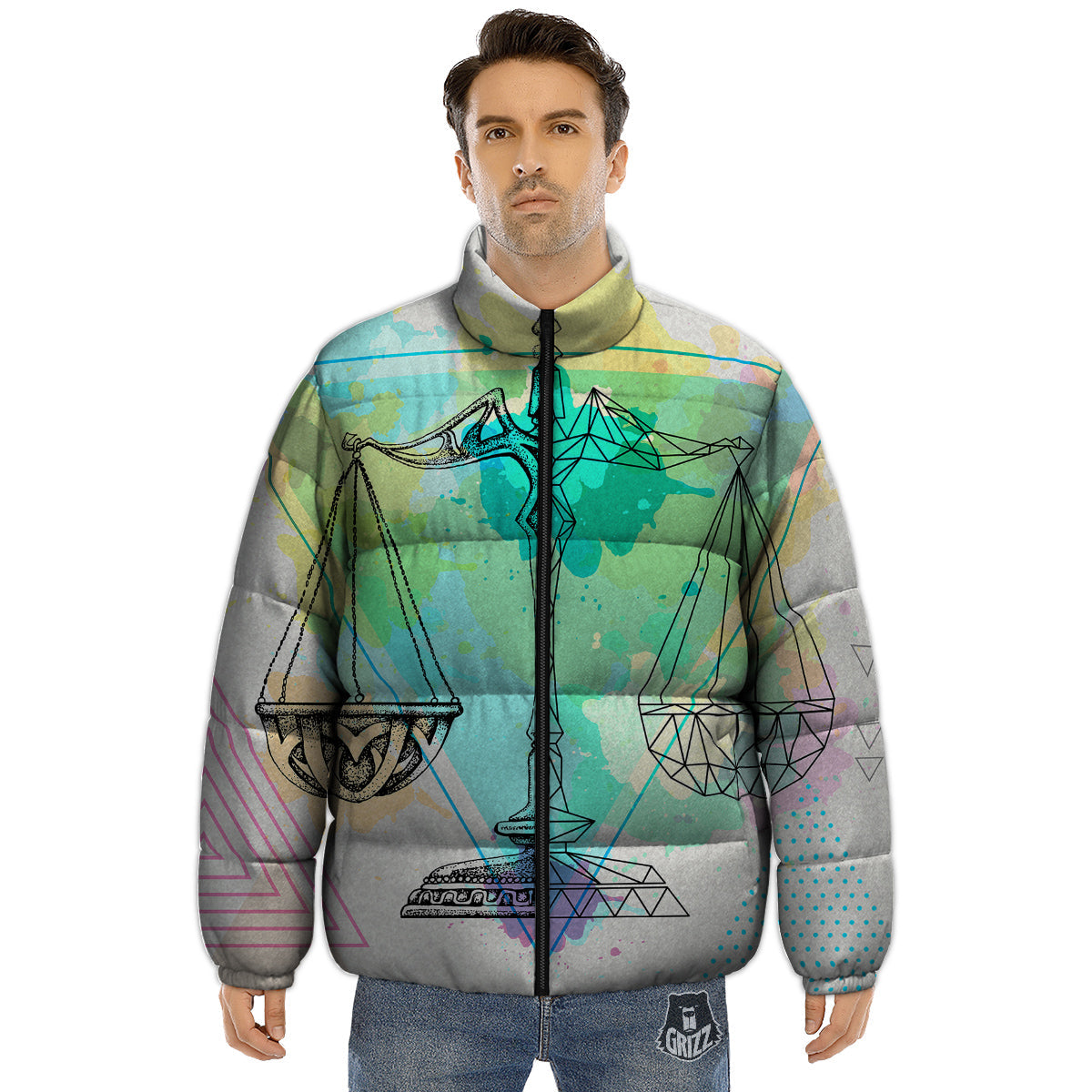 Libra Sign Colorful Print Puffer Jacket-grizzshop