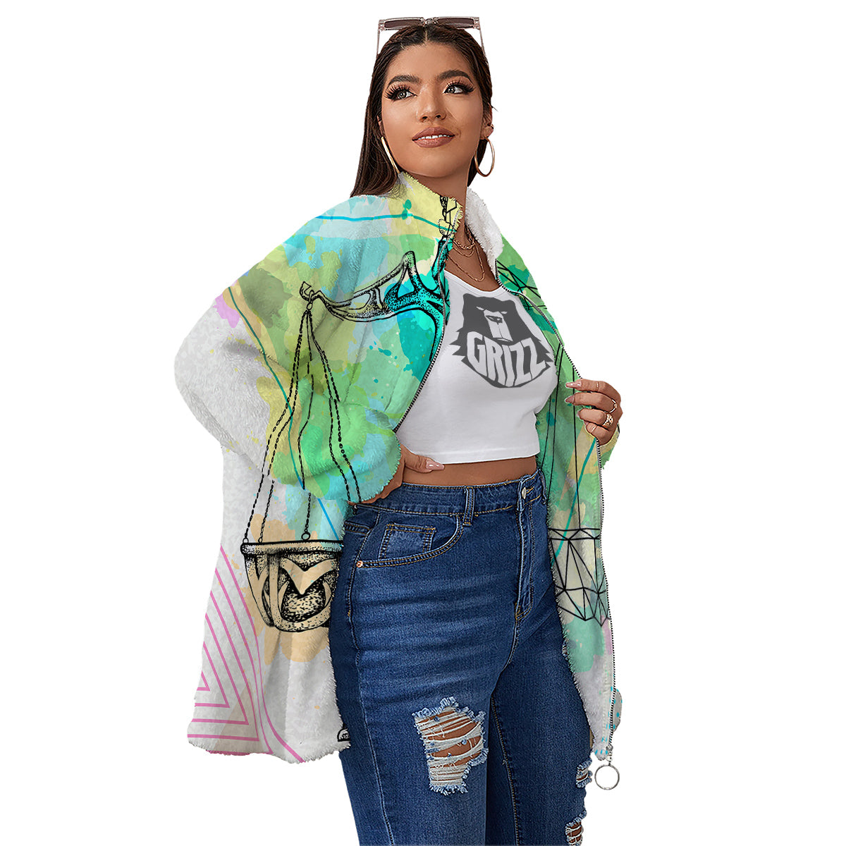 Libra Sign Colorful Print Women's Sherpa Jacket-grizzshop